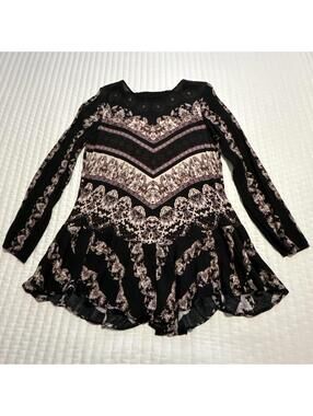 Free People Black Burgundy Boho Hippie Mini Dress Tunic Sz L Large Smooth Talker